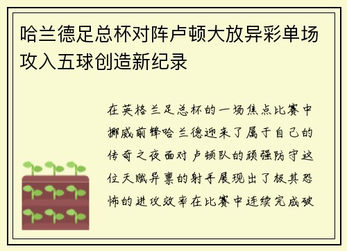 哈兰德足总杯对阵卢顿大放异彩单场攻入五球创造新纪录 哈兰德足总杯对阵卢顿大放异彩单场攻入五球创造新纪录