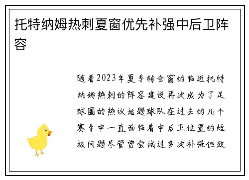 托特纳姆热刺夏窗优先补强中后卫阵容 托特纳姆热刺夏窗优先补强中后卫阵容