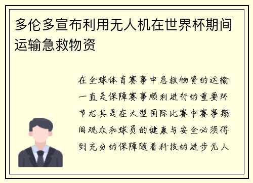 多伦多宣布利用无人机在世界杯期间运输急救物资 多伦多宣布利用无人机在世界杯期间运输急救物资