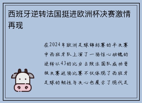 西班牙逆转法国挺进欧洲杯决赛激情再现